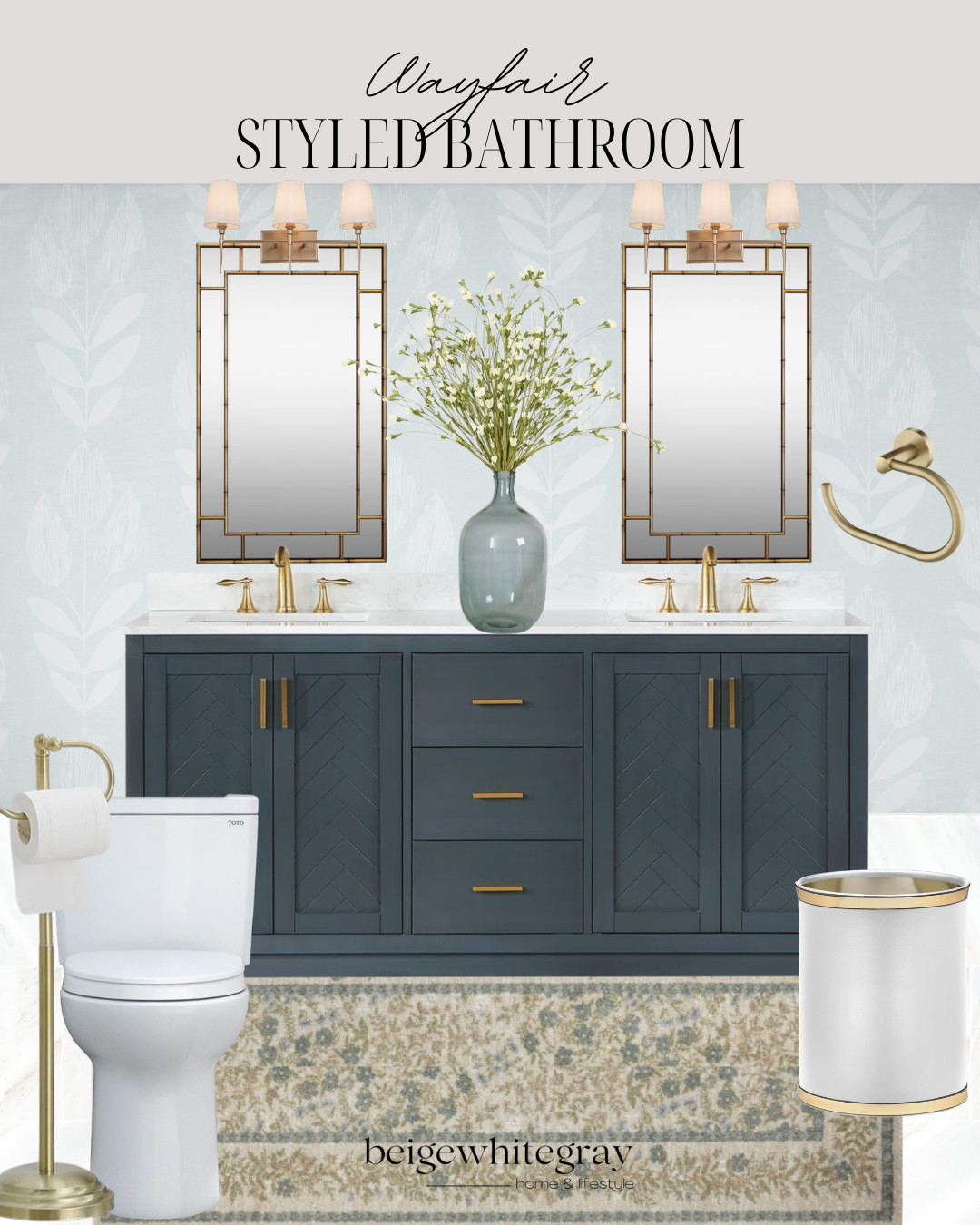Wayfair Bathroom inspiration, blue bathroom vanity, bathroom remodel ideas, bathroom design, powder room inspiration, botanical wallpaper, blue wallpaper, brass bathroom fixtures, gold bathroom hardware, double vanity, bathroom mirrors, bathroom lighting, bathroom sconces, luxury bathroom, transitional bathroom, traditional bathroom, bathroom styling, neutral bathroom rug, bathroom decor ideas, home renovation inspiration

#LTKHome