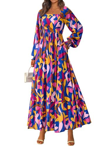 PRETTYGARDEN Women Floral Maxi Dresses 2026 Spring Long Sleeve Square Neck Boho A Line Wedding Guest Casual Flowy Long Dress(Blue Floral,Medium) | Amazon (US)