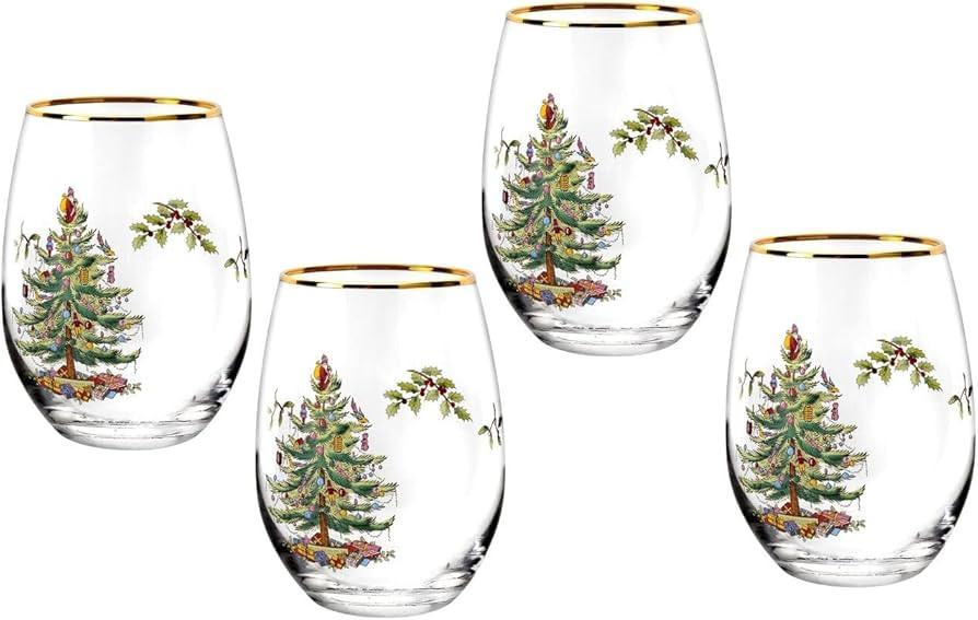 Spode Christmas Tree 19oz Stemless Wine Glasses, Set of 4 - Vintage-Inspired Holiday Drinkware wi... | Amazon (US)