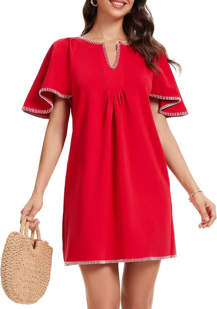 HOULENGS Women's Summer Ruffle Short Sleeve A Line Mini Dress Casual Contrast Trim V Neck Short D... | Amazon (US)
