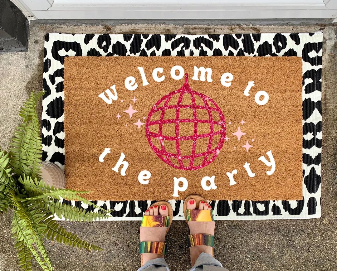 Welcome to the party GLITTER disco ball doormat, doormat, welcome mat, housewarming gift, boho de... | Etsy (US)