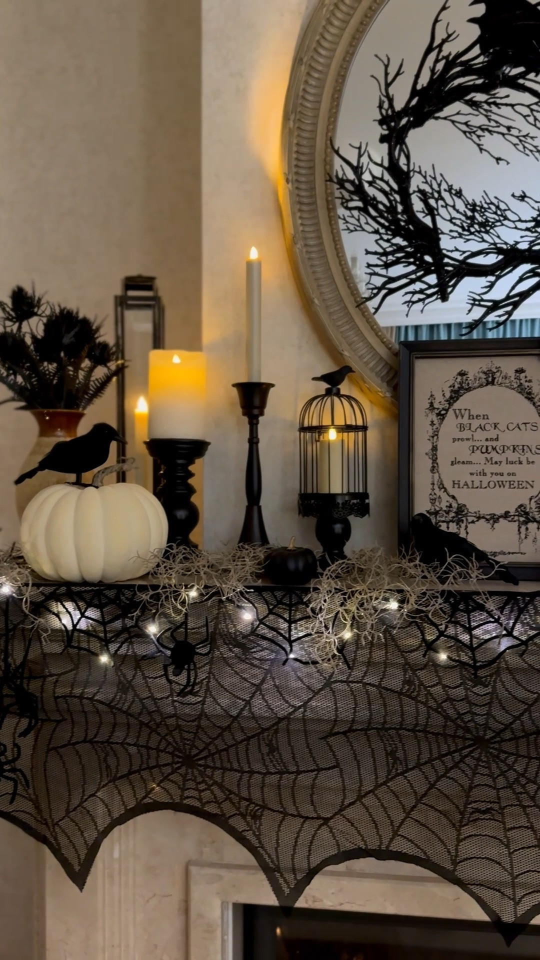 Cozy and spooky Halloween home decor, black candlesticks, spiderweb mantel scarf, decorative crows

#LTKHome #LTKSeasonal #LTKSaleAlert