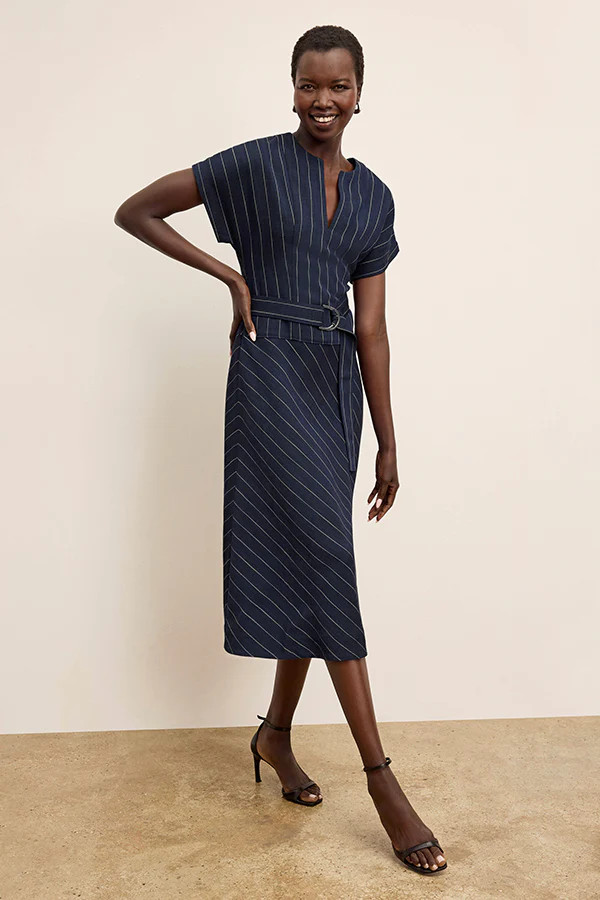 Cereah Belt Dress - Woven Pinstripe :: Navy/Ivory | MM LaFleur