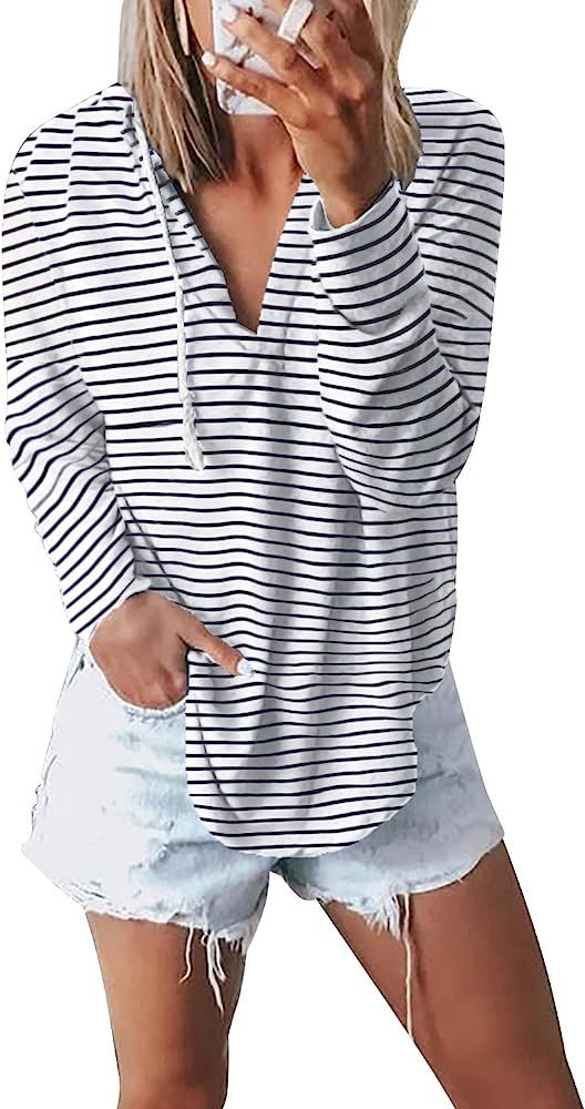Amazon.com: Kirundo 2020 Women’s Deep V Neck Hoodie Long Sleeves Solid Color Drawstring Belt Sw... | Amazon (US)