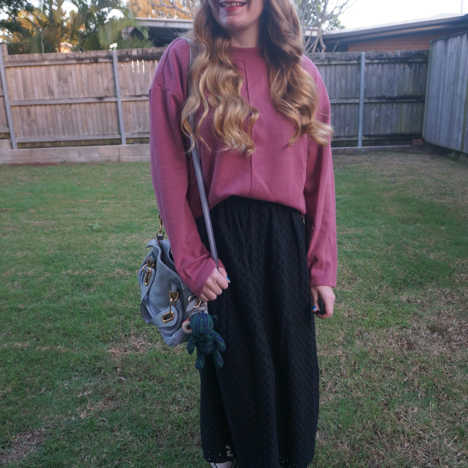 Cosy Kmart Anko berry knit jumper with black broderie maxi skirt and periwinkle blue Chloe Paraty bag 💙

#LTKaustralia #LTKwinter #LTKbag