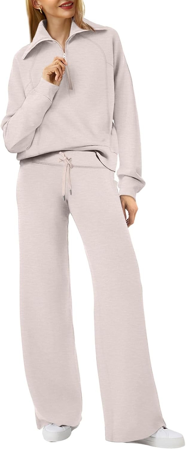 XIEERDUO Lounge Sets For Women 2025 Half Zip Sweatshirt And Wide Leg Sweatpant 2 Piece Outfits Sweatsuit Tracksuit | Amazon (US)