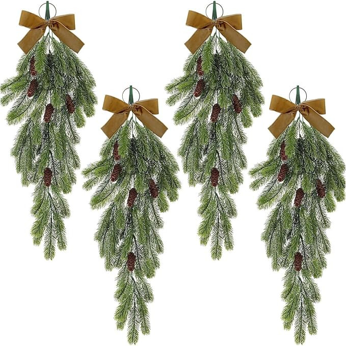 Christmas Teardrop Garland, Winter Rustic Pine Needle Garland with Pine Cones, Velvet Bow, Artifi... | Amazon (UK)
