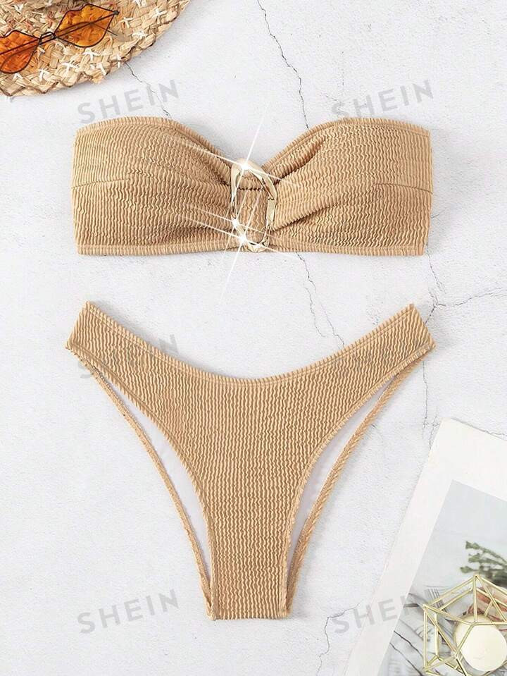 Women's Ruched Metal Ring Detail Bandeau Bikini Set With Separated Bottom Swimsuit | SHEIN