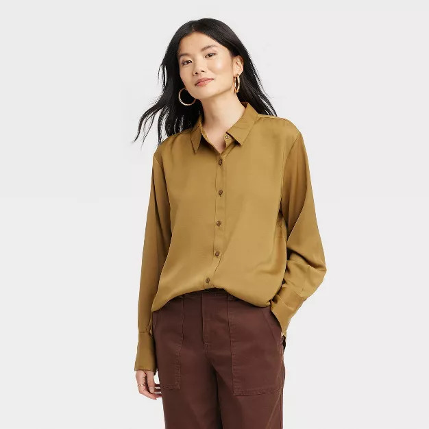 Women's Long Sleeve Satin Button-Down Shirt - A New Day™ | Target