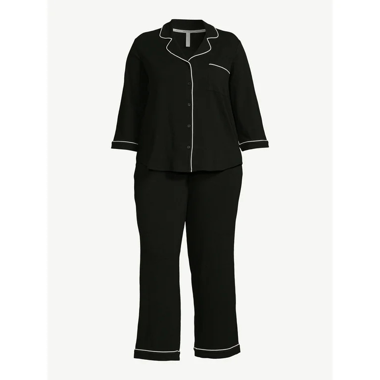 Joyspun Women’s Cotton Blend Notch Collar Top and Pants Pajama Set, 2-Piece, Sizes S-4X | Walmart (US)