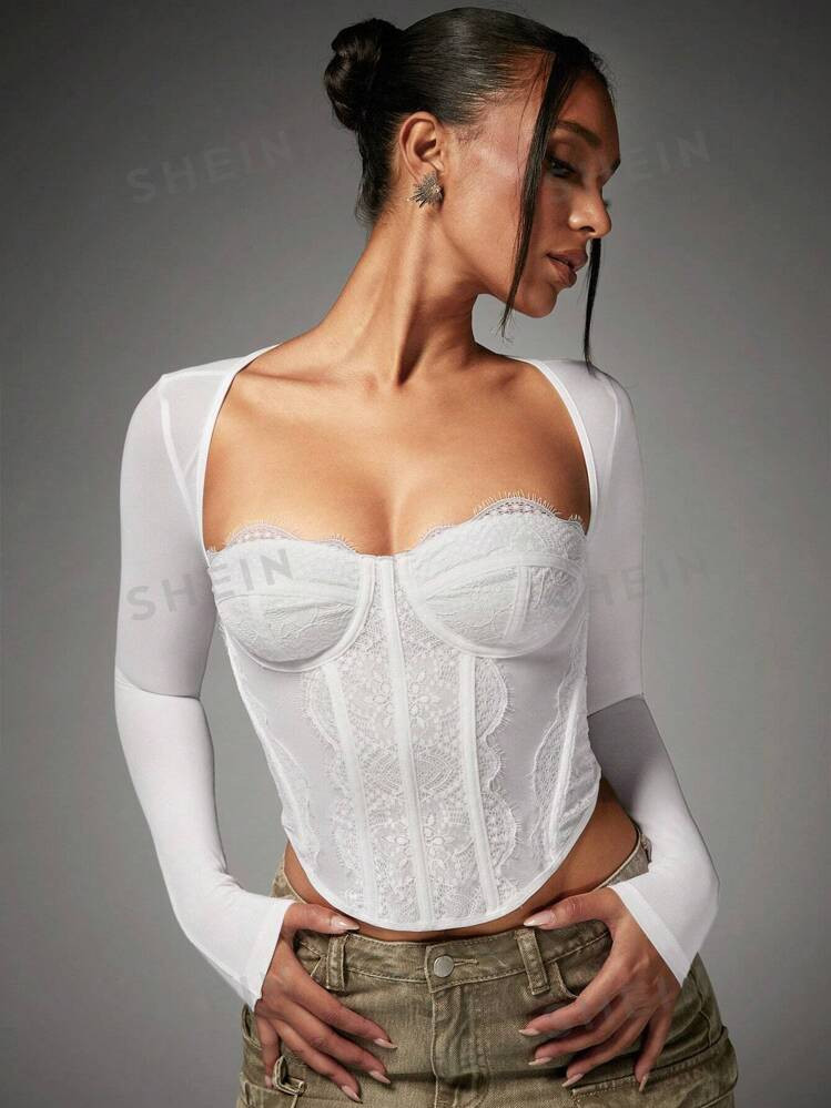SHEIN BAE Sweetheart Neck Lace Panel Bustier Crop Top | SHEIN USA | SHEIN