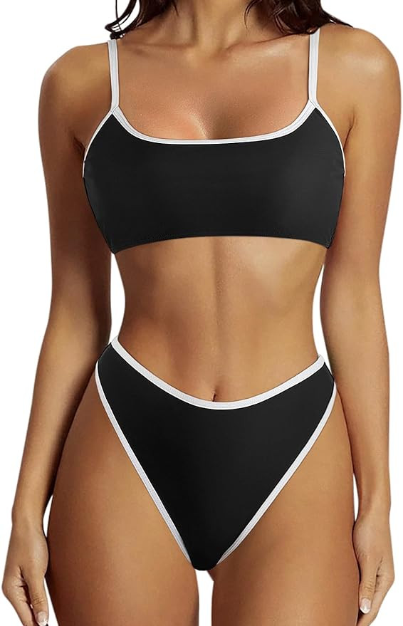 SUUKSESS Women High Waisted 2 Piece Bikini Set Cheeky High Cut Bandeau Swimsuit | Amazon (US)