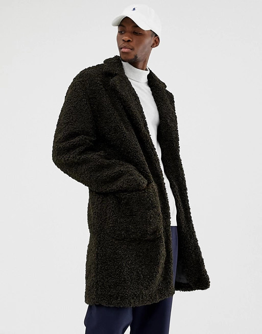 ASOS DESIGN borg overcoat in green | ASOS US