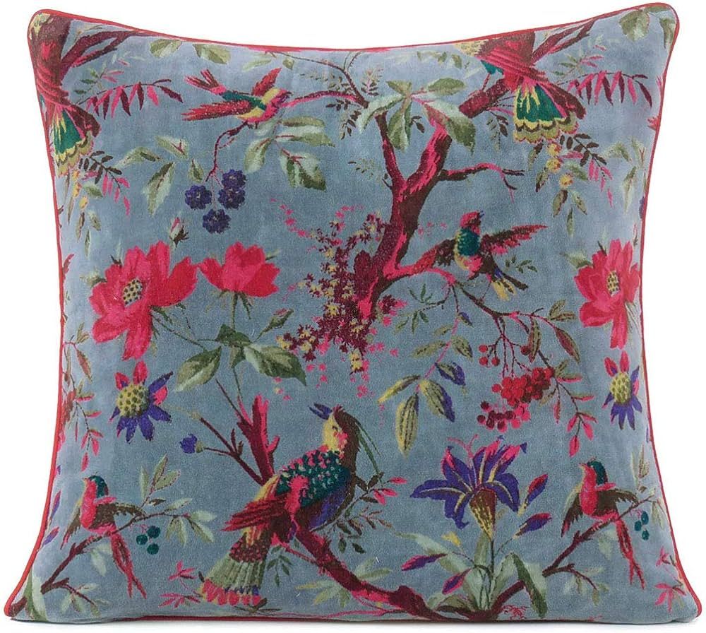 Eyes of India Boho Velvet Bird Print Throw Pillow Cover, Colorful Decorative Floral Cushion Case for Sofa Couch, Bohemian Chic Accent for Bedroom Living Room, 16x16 Inch (40x40 cm), Grey Gray | Amazon (US)