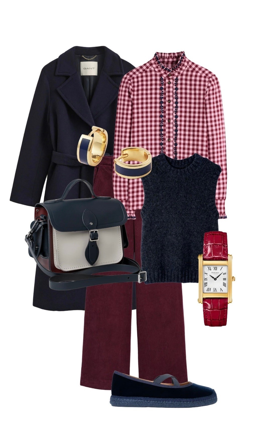 Preppy and Chic! Style a collegiate look for workdays to date nights, this burgundy / maroon outfit with a gingham shirt and satchel bag is a cutie! 

Wool Blend Belted Coat in Navy  - NEW at Gant 

Sienna Frill Maroon Gingham Blouse with Navy Detailing & Belgravia Corduroy Trousers in Maroon - NEW at Boden

Traveller Crossbody Bag in Clay, Navy & Oxblood - Cambridge Satchel Company 

Navy Velvet Chico Espadrille Flat Shoes & Navy Knit Tank - NEW at Penelope Chilvers

Navy Blue Enamel Huggie Hoops (Bangle available) and NEW Watch with Cherry Leather Strap - Aspinal of London #LTKluxury#LTKstyletip

#LTKshoes #LTKbag #LTKgiftguide #LTKuk #LTKautumn #LTKeurope