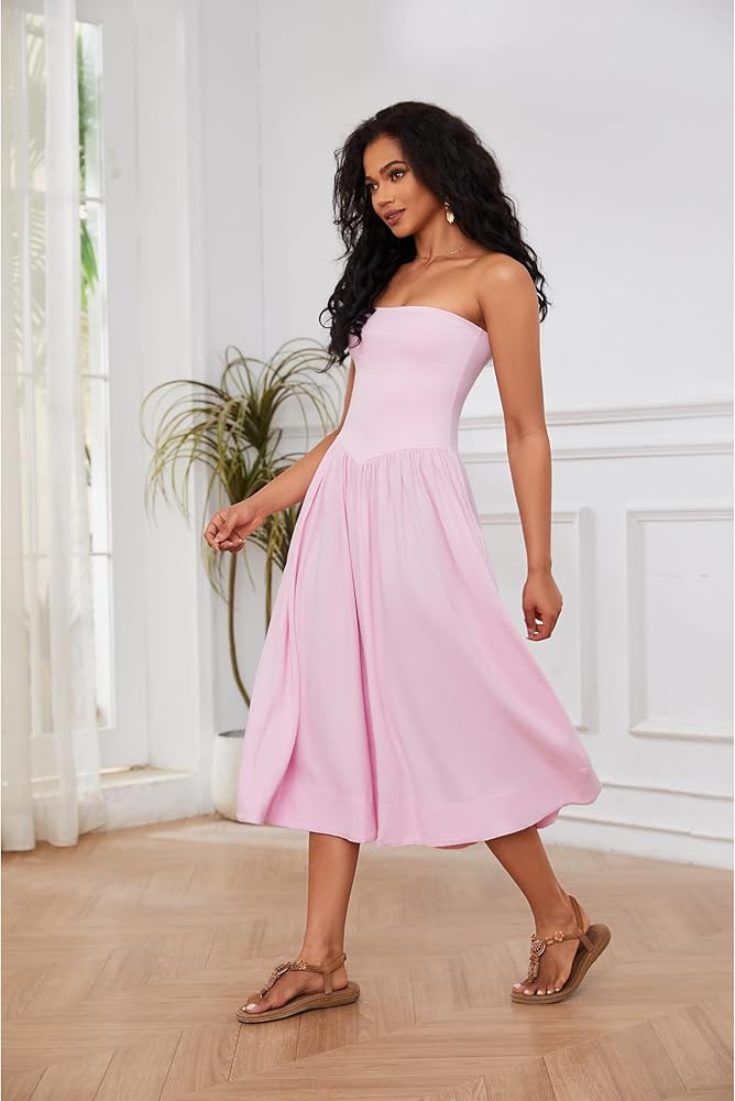 Livtany Women Off Shoulder Midi Dress Strapless Sleeveless Drop-Waist A Line Tube Dress Trendy Su... | Amazon (US)