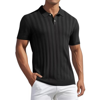 INSPIRE CHIC Men's Short Sleeve Button Regular Fit Knit Texture Polo Shirt Small Black | Target