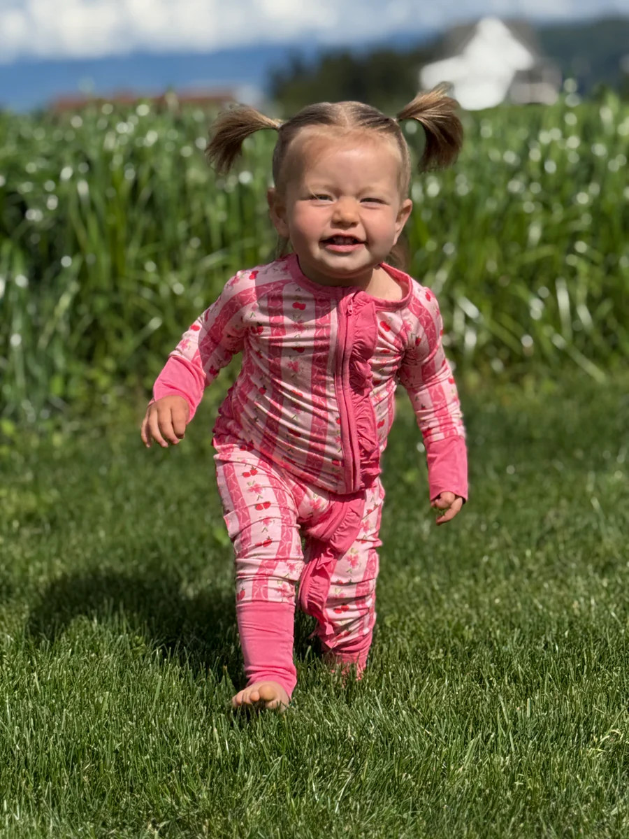 Convertible Footed One Piece - Pink Strawberry & Cherry Bows | Sunset Snuggles