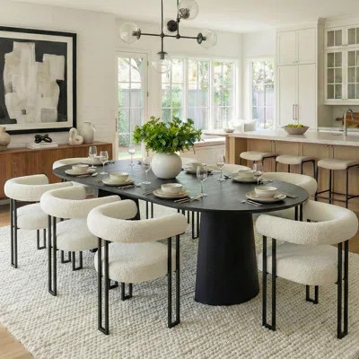 47"–85" Extendable Oval Black Pedestal Dining Table With Bouclé Upholstered Chairs | Wayfair North America