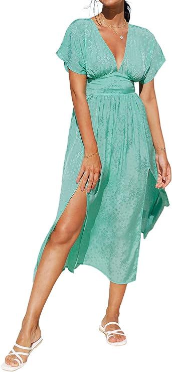 CUPSHE Women Plunge Cut Out Back Split Side Maxi Dress with Short Bat Sleeves | Amazon (US)