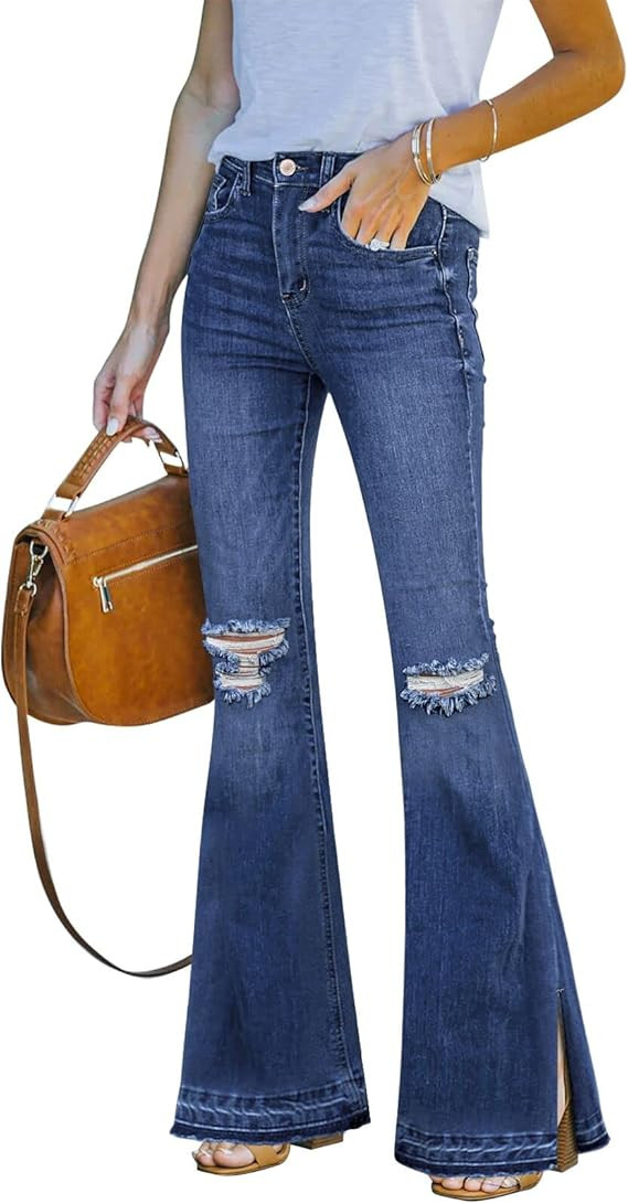 Vetinee Womens Flare Jeans for Women High Waist Distressed Ripped Bell Bottom Bootcut Jean Split ... | Amazon (US)