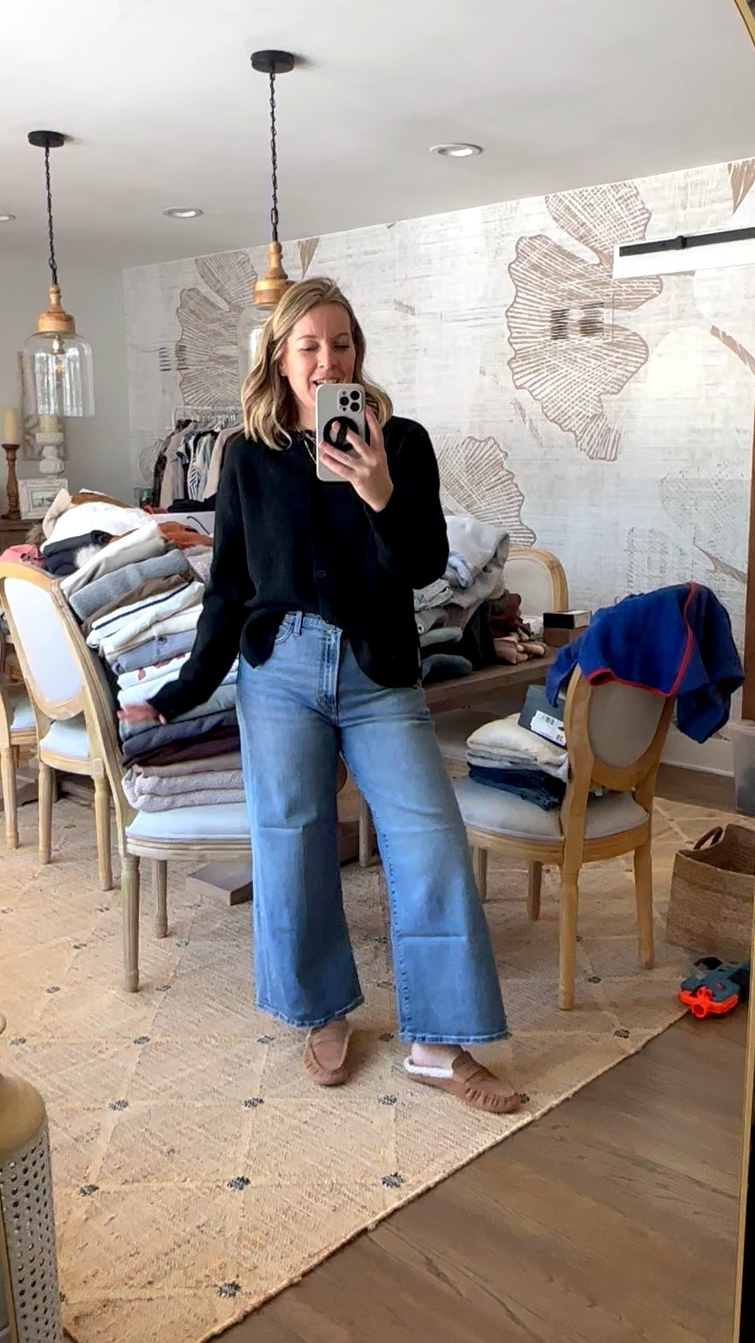 Ootd to work from home. Sezanne inspired Amazon sweater I own in 3 colors. It’s flowy, soft and chic. These Joe’s jeans have made a comeback and I couldn’t be more thrilled! We sold them out a few years ago when I shared them and I have high hopes for us again! I’m in a 30! I love the fit personally so if in between, size up! Length is regular. Can’t skip over my favorite shearling mules either. I got my true size 8  

#LTKOver40 #LTKootd #LTKMidsize