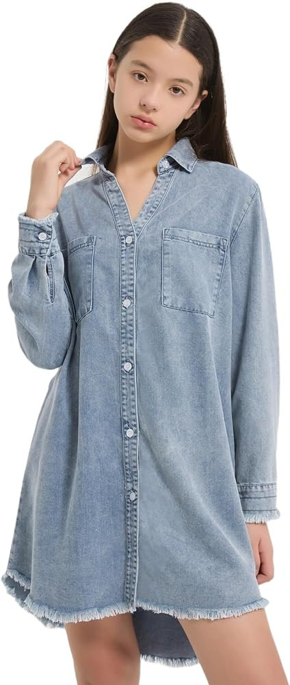 EXARUS Girls Denim Dress Long Sleeve/Short Sleeve Teen Button Down Jean Shirt Dresses Cute Trendy... | Amazon (US)
