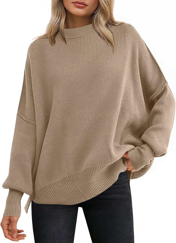 ANRABESS Women Oversized Sweaters Batwing Long Sleeve 2026 Fall Outfits Crewneck Casual Knit Side... | Amazon (US)