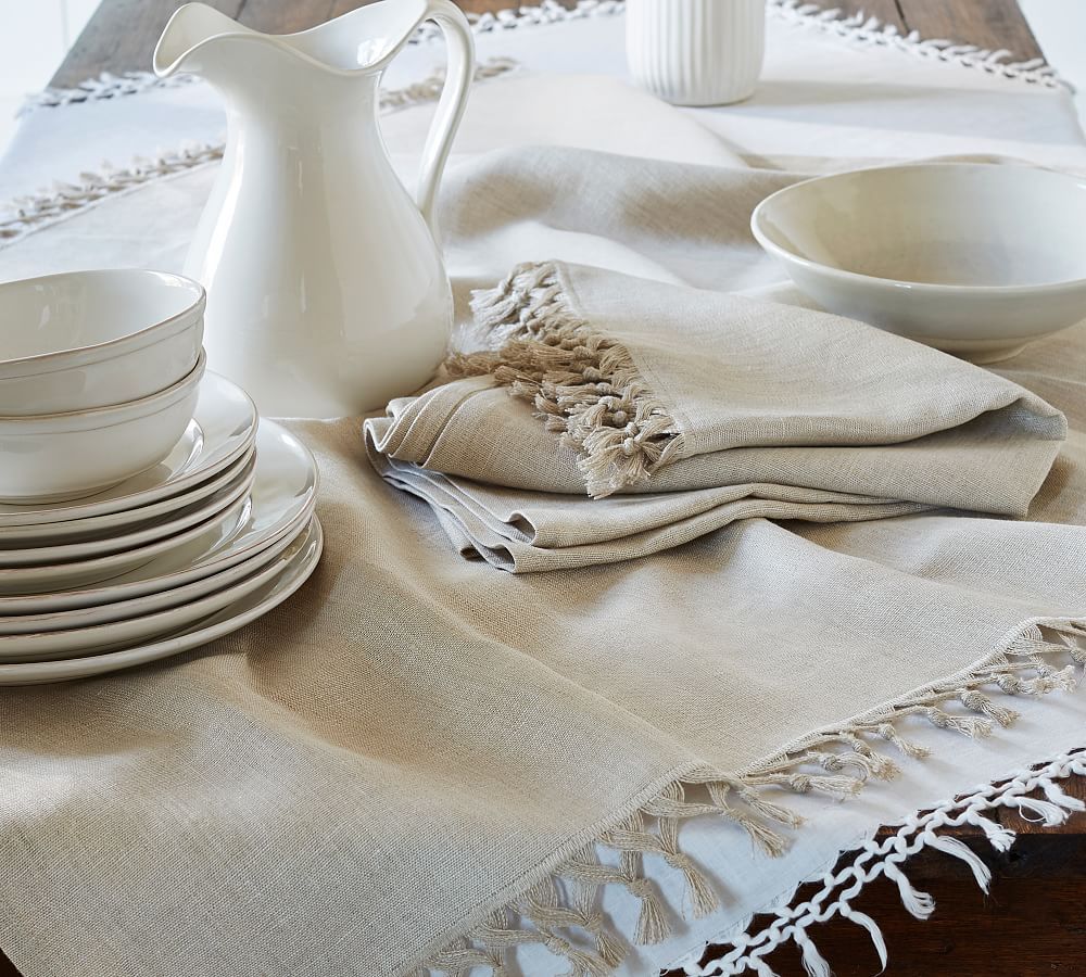 Fringe Knotted Linen Table Throw | Pottery Barn (US)