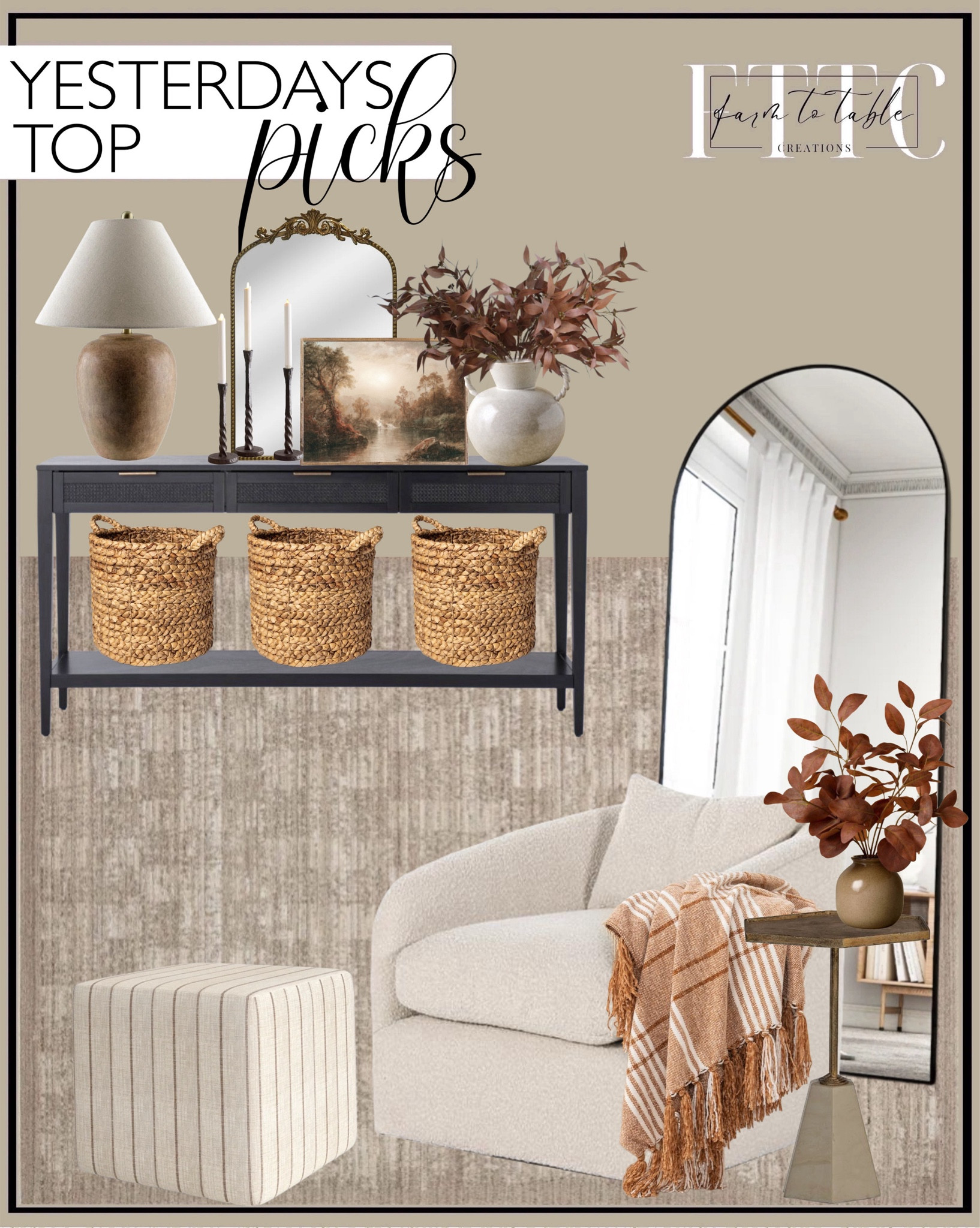 Yesterday’s Top Picks. Follow @farmtotablecreations on Instagram for more inspirational.

Arched Floor Mirror. Perrin Modern Classic Beige Performance Boucle Swivel Occasional Barrel Chair. Loloi Performance Sand Rug. Marble Side Table. East Bluff Console Table. Era Upholstered Ottoman. Woven Basket- Threshold. Stillness of the morning framed canvas. Eustacia ceramic lamp.  Filigree Arch Metal Wall Mirror Decor in Gold. Fall Brown Artificial Eucalyptus Leaf Branch. Fall Brown Artificial Eucalyptus Leaf Branch. Easton Forged Candleholder. Plaid Chenille Throw Blanket. Rusted Silver Dollar Eucalyptus. 

Bedroom corner | Coffee Table Decor | Fall Decor | Fall Stem Sale | Target Finds | Skinny Bench | Bedroom | Living Room | Breakfast Nook | Amazon Home | Target Sale | Loloi Rugs | Magnolia Home | console table | console table styling | faux stems | entryway space | home decor finds | neutral decor | entryway decor | cozy home | affordable decor |  home decor | home inspiration | fall stems | fall console | spring vignette | fall decor | fall decorations | console styling | entryway rug | cozy moody home | moody decor | neutral home

#LTKFindsUnder50 #LTKSaleAlert #LTKHome