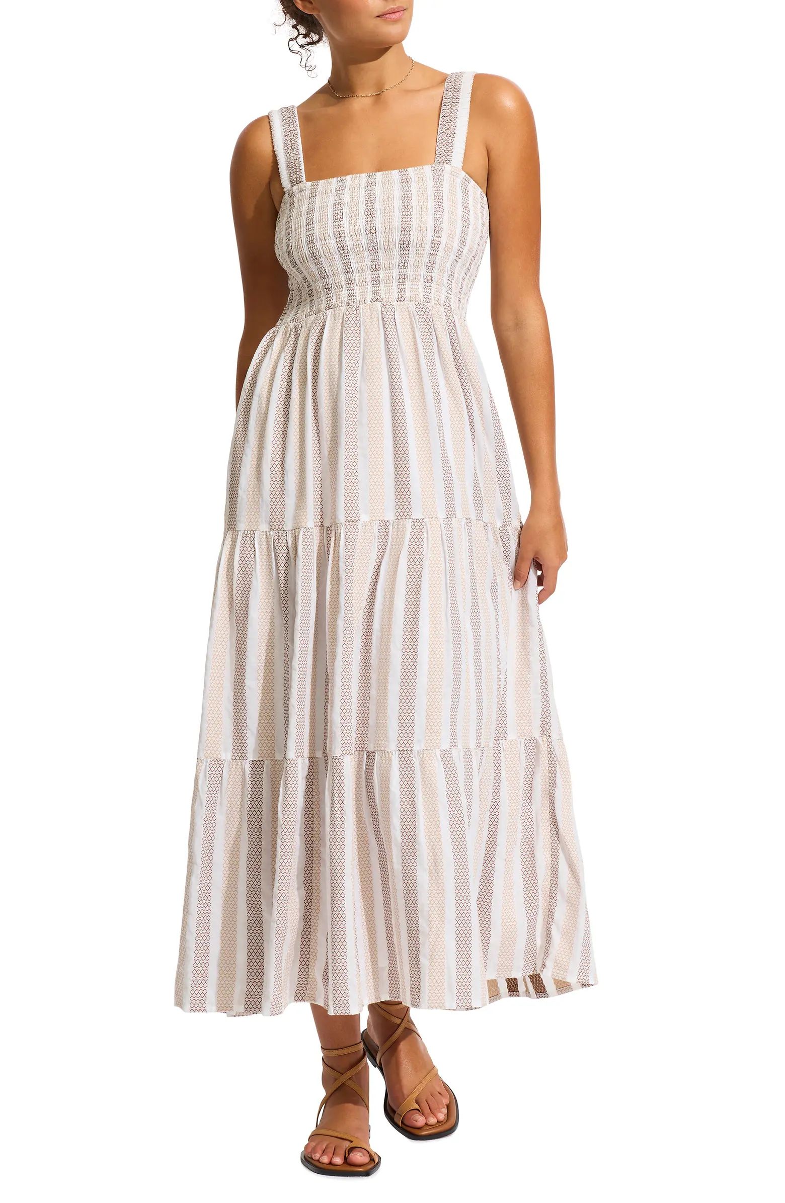 Seafolly Beach Edit Embroidered Tiered Smocked Cotton Cover-Up Maxi Dress | Nordstrom | Nordstrom