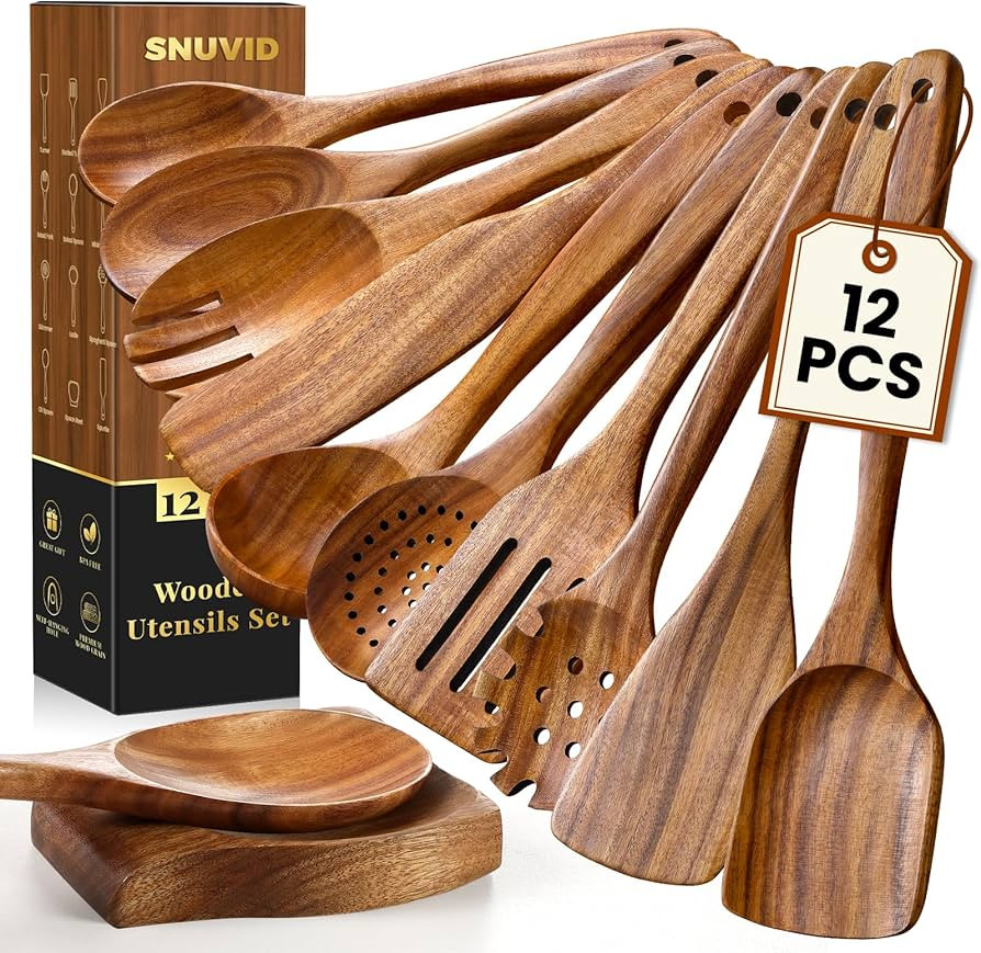Wooden Spoons for Cooking, 12 Pcs Nonstick Wooden Cooking Utensils Set with Comfort Grip – 100%... | Amazon (US)