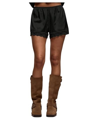 BEAUDRM Women's Satin Lace Trim Mini Shorts Elastic Waist Casual Lounge Shorts Black Small | Amazon (US)