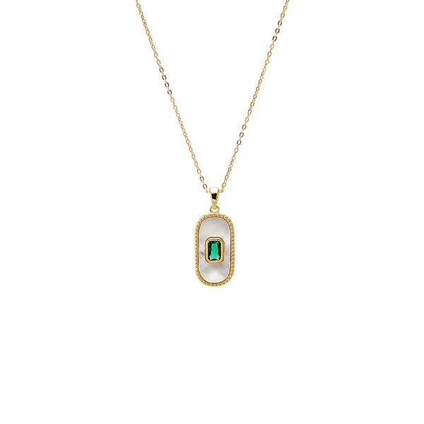 Green CZ & Mother Of Pearl Elongated Dog Tag Necklace | Adina Eden