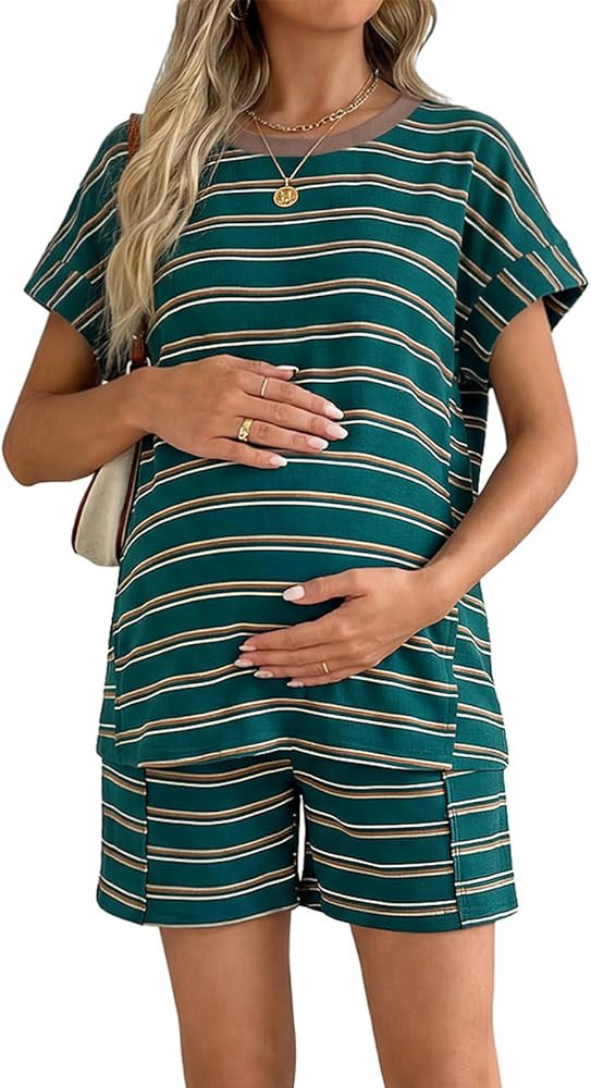 BLENCOT Women's Maternity Two Piece Lounge Set Textured Striped Tee Top and Shorts Pregnancy Summ... | Amazon (US)