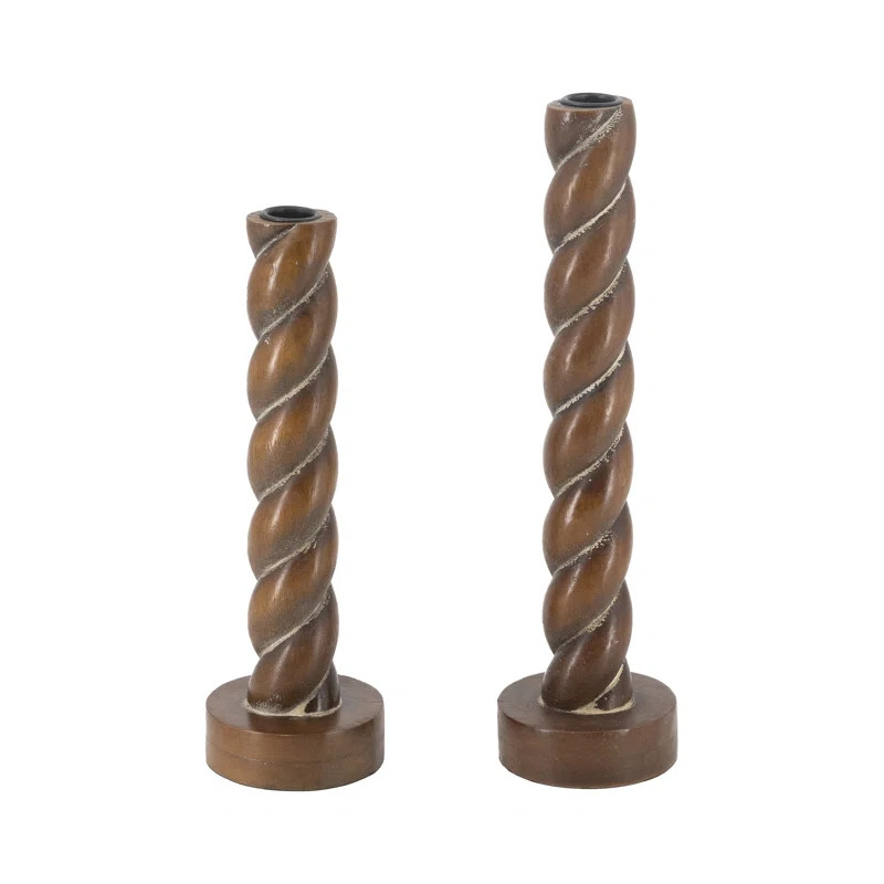 S/2 Brown Birch Wood Candle Holders with Spiral Design (Set of 2) | Wayfair North America