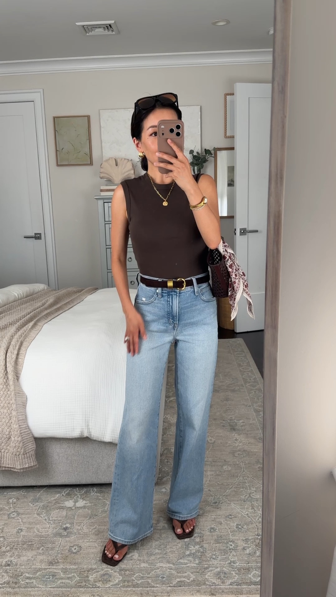 On sale- size info below! Linked the full length and cropped.
• Perfect vintage wide leg jean 24 short, TTS at waist, length requires heels on me 
• Cotton shell tank XXS 
• Woven bag with cotton bandana 
• Aviator sunglasses  

Easy summer outfit, mom style, petite friendly jeans