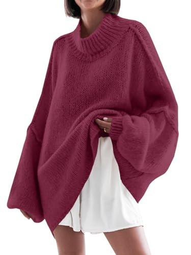 Saodimallsu Womens Oversized Sweaters Mock Neck Batwing Long Sleeve 2025 Fall Trendy Ribbed Knit Casual Tunic Sweater Wine Red | Amazon (US)