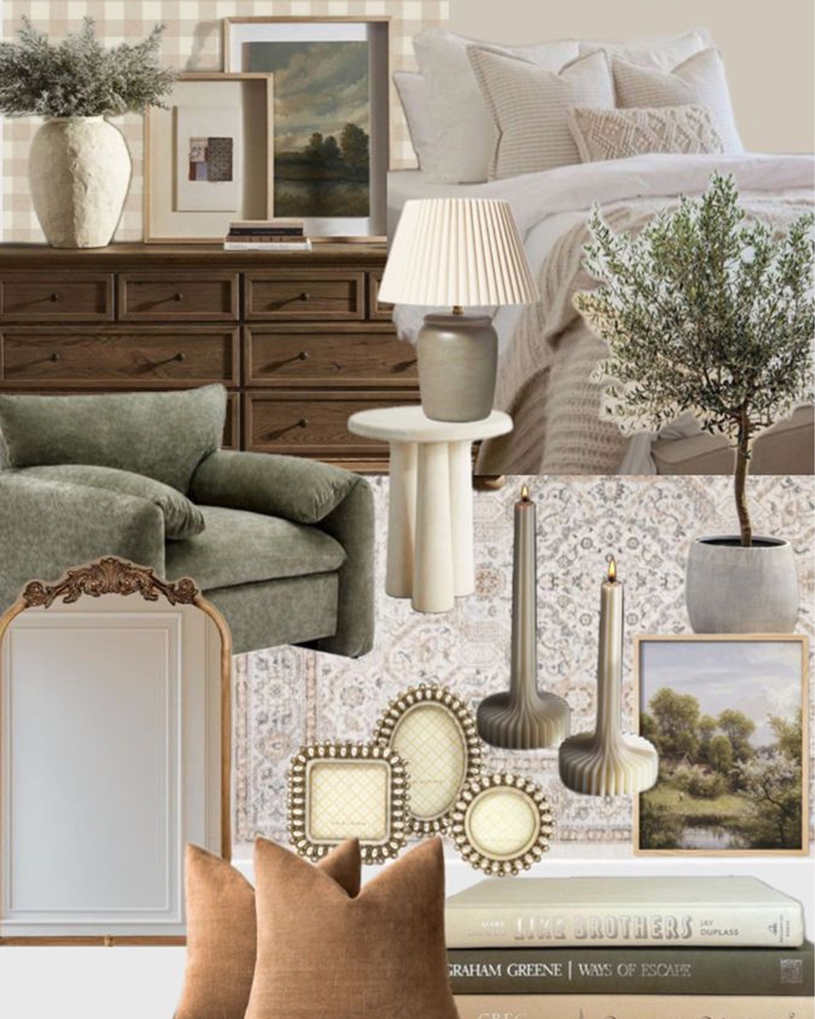 Warm, layered, and full of the kind of character that makes a bedroom feel like a true retreat ✨ 

A few cottage favorites I'm loving lately, a rich walnut dresser, a moss green chair, vintage-inspired frames, an olive tree, and those collected details that make a room feel like it was designed with intention. 

All linked here 🤍 

#LTKhome