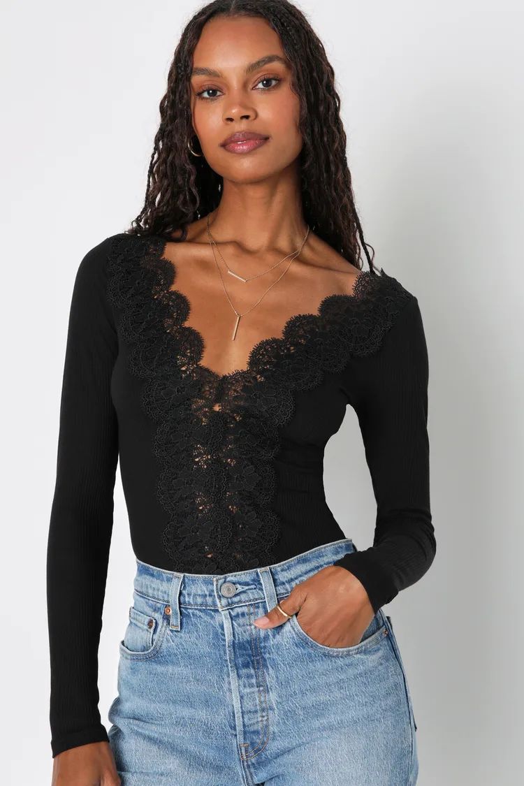 Ravalli Black Lace Ribbed Long Sleeve Bodysuit | Lulus (US)