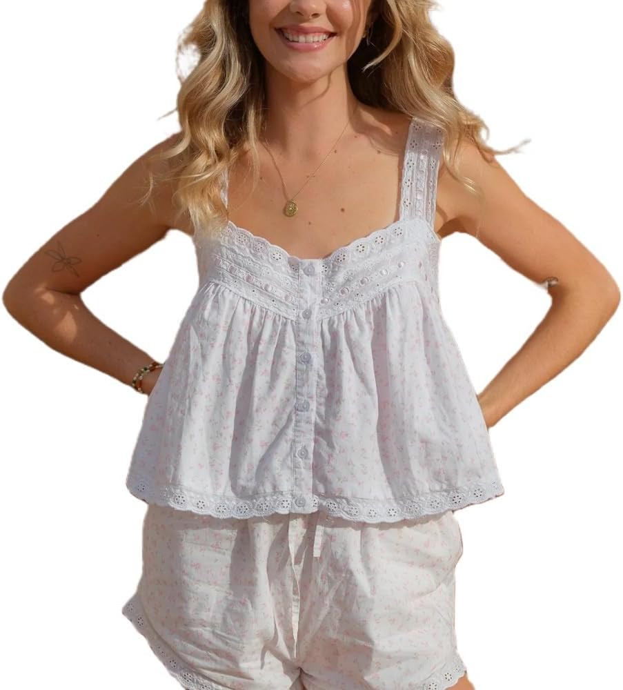 Women Lace Eyelet Tank Top Square Neck Ruffle Peplum Cami Top Lace Trim Embroidery Sleeveless Tan... | Amazon (US)