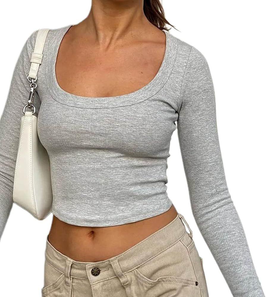 Women Square Neck Knitted Crop Shirt Long Sleeve Low Cut Basic Solid Tee Sexy Cutout Blouse Top Stre | Amazon (US)