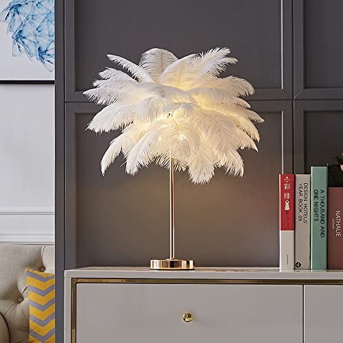 KunMai White Feather Table Lamp with Plug in Wire Modern Feather Lamp 3-Light Bedside Table Lamp ... | Amazon (US)