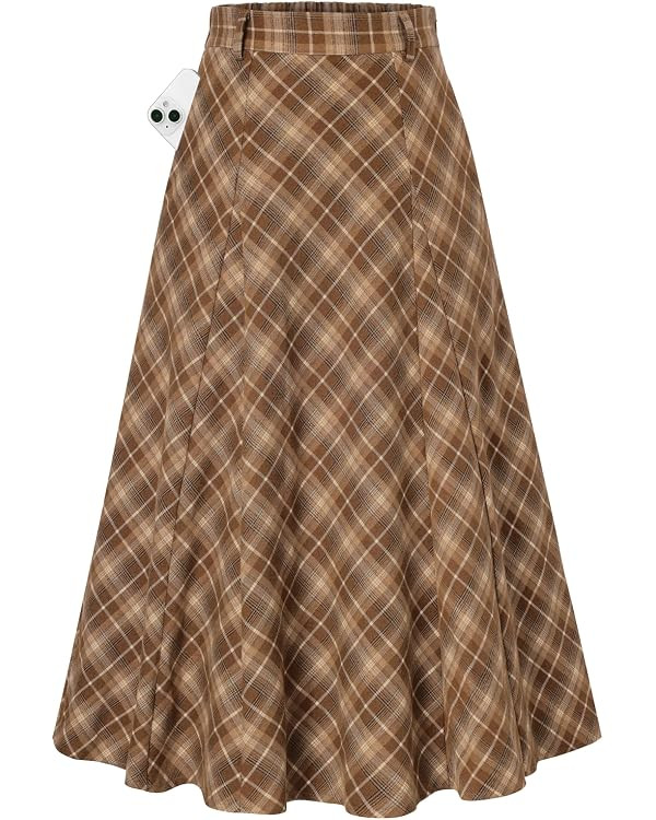 Kate Kasin Women Plaid Midi Skirts, High Waist A Line Skirt with Pockets | Amazon (US)