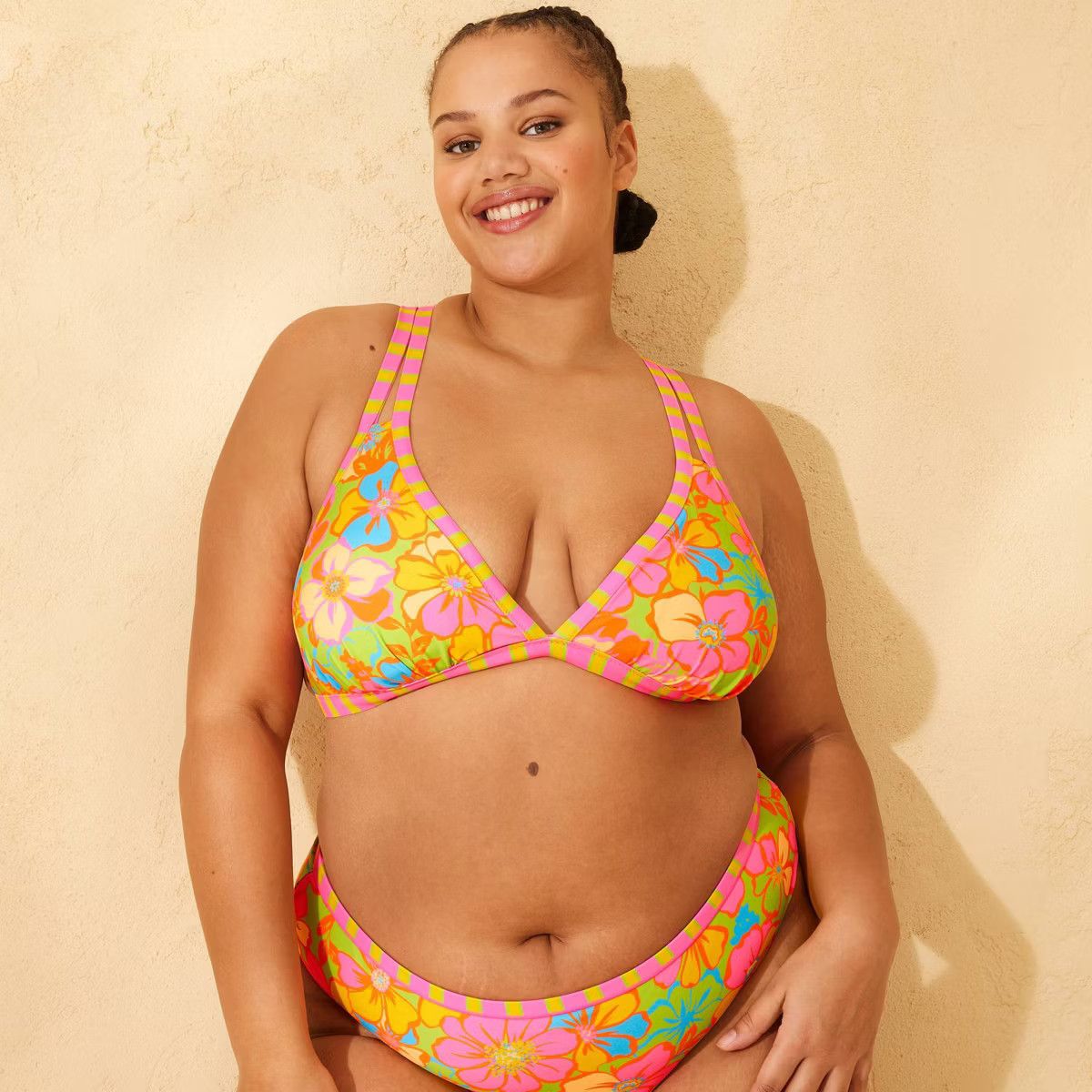 Women's Reversible Contrast Binding Mini Triangle Bikini Top - Wild Fable™ Green Floral Print | Target