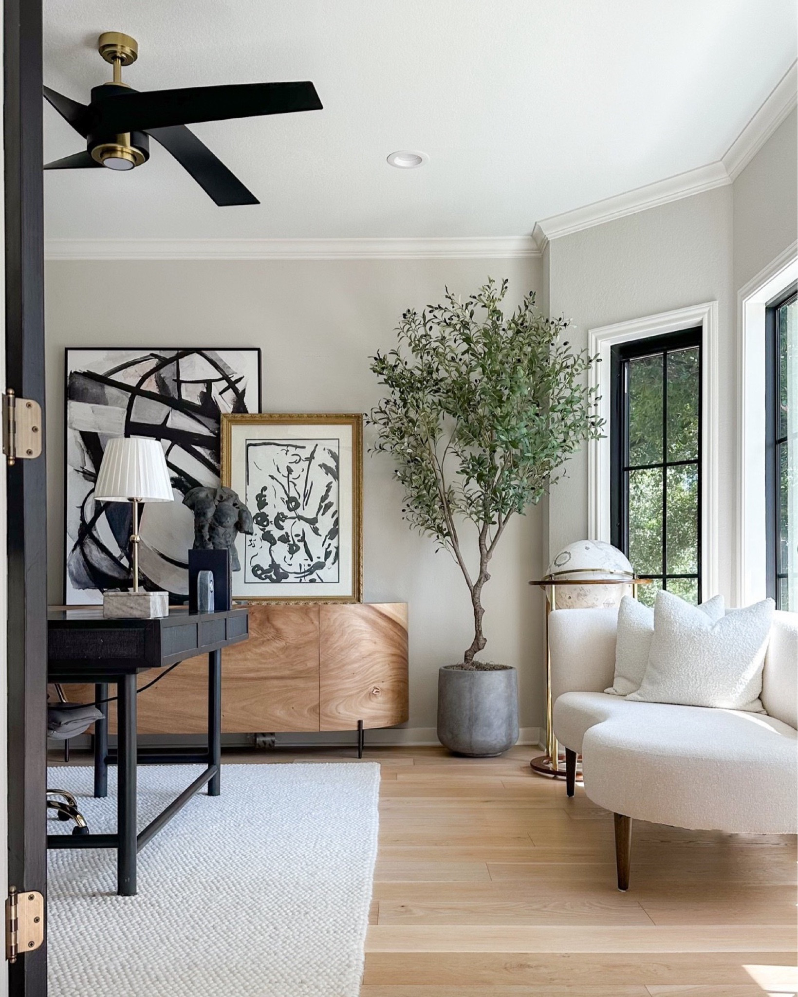 Home office decor including my Amazon rug, 8’ olive tree, layered large scale art, chaise lounge, desk, and ceiling fan!

#LTKHome #LTKStyleTip #LTKFindsUnder100