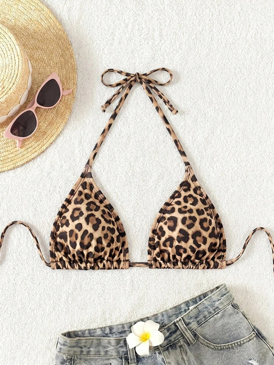 Swim Vcay Women Leopard Print Swimwear Top,Brown Summer Casual Beach Holiday Vacation Bikini Anim... | SHEIN