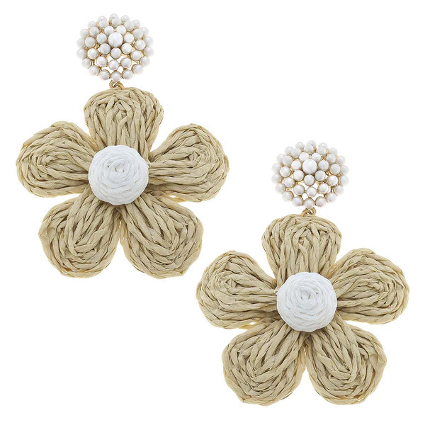 Claire Raffia Flower Pearl Drop Earrings in Natural | CANVAS