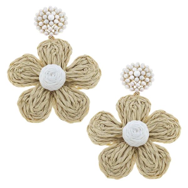 Claire Raffia Flower Pearl Drop Earrings in Natural | CANVAS