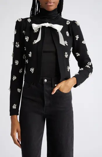 Trina Imitation Pearl & Crystal Flower Stretch Wool Cardigan | Nordstrom